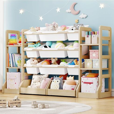 Kids Toy Storage Organizer with Bookshelf, 6 Shelves 9 Bins | Wooden Toy Shelf, Storage Boxes, Extended Base Sturdy Storage Rack for Playroom, Kids Room, Nursery Organization in Kuwait