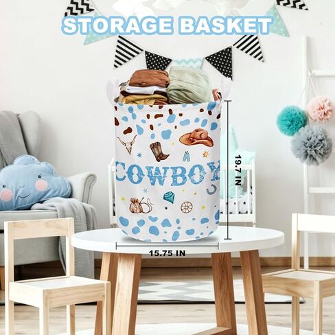 Cowboy Nursery Decor Boy,Cute Toy Bin,Cowboy Baby Shower Decorations,Large Canvas Round Laundry Basket With A Waterproof PE Coating,Foldable Toy Clothes Bins for Bedroom in Kuwait