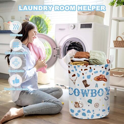 Cowboy Nursery Decor Boy,Cute Toy Bin,Cowboy Baby Shower Decorations,Large Canvas Round Laundry Basket With A Waterproof PE Coating,Foldable Toy Clothes Bins for Bedroom in Kuwait