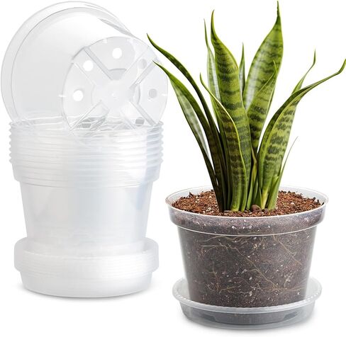 10/8/6 Inch Clear Plant Pots with Drainage Hole 12 Pack, Transparent Sturdy Plastic Nursery Pots with Saucers, Plant Label, Gardening Gloves, Plant Starter Pots for Planting Seed Herb Vegetable Flower in Kuwait