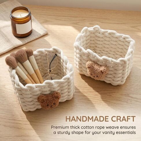 Cute Teddy Bear Square Storage Basket 2 Pack – Handmade Woven Rope Bin for Makeup, Remote Controls, Kids Hair Ties, Art Supplies, Desk & Shelf Organizer (7 x 5.5 x 5 Inch) in Kuwait