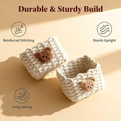 Cute Teddy Bear Square Storage Basket 2 Pack – Handmade Woven Rope Bin for Makeup, Remote Controls, Kids Hair Ties, Art Supplies, Desk & Shelf Organizer (7 x 5.5 x 5 Inch) in Kuwait
