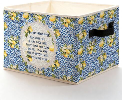 Italian Blessing Lemon Storage Bins Box, Toybox for Girls, Blue Italian Tiles Floral Lemon Foldable Baskets Organizer with Handles for Bedroom Bathroom Home Clothes Toys Books in Kuwait