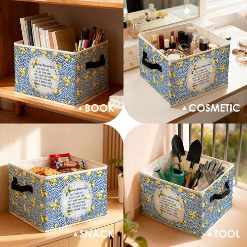 Italian Blessing Lemon Storage Bins Box, Toybox for Girls, Blue Italian Tiles Floral Lemon Foldable Baskets Organizer with Handles for Bedroom Bathroom Home Clothes Toys Books in Kuwait
