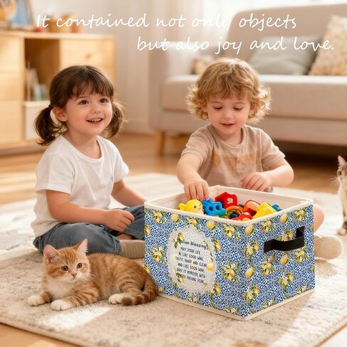Italian Blessing Lemon Storage Bins Box, Toybox for Girls, Blue Italian Tiles Floral Lemon Foldable Baskets Organizer with Handles for Bedroom Bathroom Home Clothes Toys Books in Kuwait