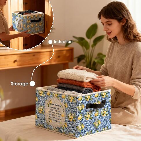 Italian Blessing Lemon Storage Bins Box, Toybox for Girls, Blue Italian Tiles Floral Lemon Foldable Baskets Organizer with Handles for Bedroom Bathroom Home Clothes Toys Books in Kuwait