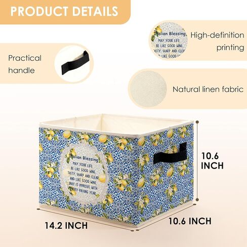 Italian Blessing Lemon Storage Bins Box, Toybox for Girls, Blue Italian Tiles Floral Lemon Foldable Baskets Organizer with Handles for Bedroom Bathroom Home Clothes Toys Books in Kuwait