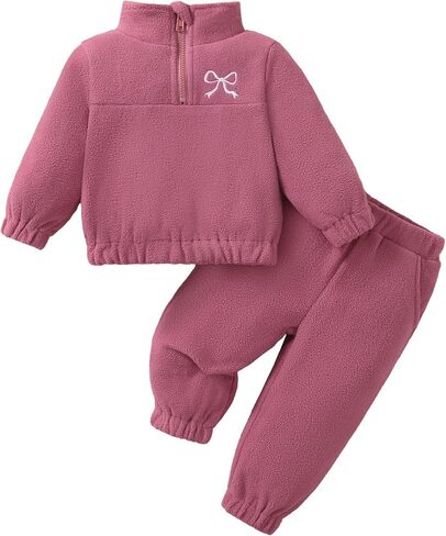 Jecson Baby Girl Clothes Toddler Girl Clothes Fleece Half Zip Pant 12M-4T | Soft skin friendly fleece, shape holding, shrink resistant, fade resistant, half zip top with jogger pant for fall and winter in Kuwait