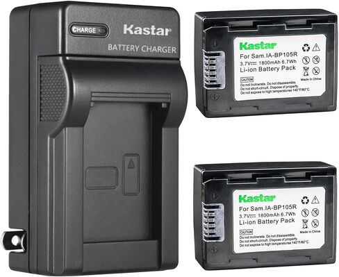 Kastar Battery 2 Pack + Charger for IA-BP105R and Samsung HMX-F80 HMX-F90 HMX-F800 HMX-F900 SMX-F50 SMX-F53 SMX-F54 SMX-F500 SMX-F501 SMX-F530 SMX-F70 SMX-F700 HMX-H300 H303 H304 H305 HMX-H320 in Kuwait