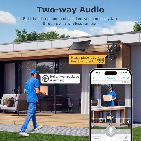 Wireless Security Camera Outdoor, 10W Solar Powered 6MP Dual Lens 36X Optical Zoom 2.4GHz WiFi PTZ Surveillance Camera, Two-Way Audio for Home Yard Farm Warehouse Outdoor Monitoring in Kuwait