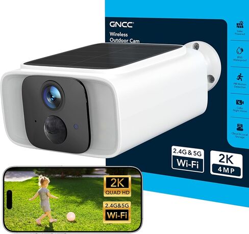 GNCC Solar Security Camera Wireless Outdoor, 2.4GHz & 5GHz WiFi, 4MP 2K | Color Night Vision, AI Human Detection, Two-Way Audio, IP65 Waterproof, SD/Cloud Storage for Driveway, Yard & Home Security in Kuwait