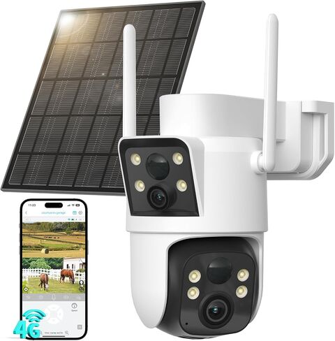 LIWAN 4G LTE Cellular Security Camera, Dual Lens, No WiFi Needed | Off-Grid Solar Cam Wireless Outdoor, 360° PTZ & Fixed Dual Views, 2K Vision, PIR Detection, IP66, Built-in SIM Card in Kuwait