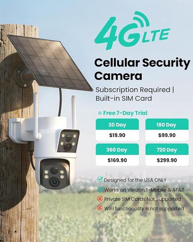 LIWAN 4G LTE Cellular Security Camera, Dual Lens, No WiFi Needed | Off-Grid Solar Cam Wireless Outdoor, 360° PTZ & Fixed Dual Views, 2K Vision, PIR Detection, IP66, Built-in SIM Card in Kuwait