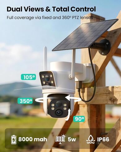 LIWAN 4G LTE Cellular Security Camera, Dual Lens, No WiFi Needed | Off-Grid Solar Cam Wireless Outdoor, 360° PTZ & Fixed Dual Views, 2K Vision, PIR Detection, IP66, Built-in SIM Card in Kuwait