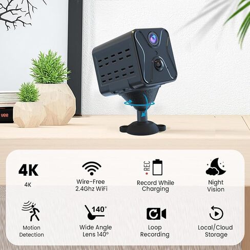 4K Spy Camera WIFI Security Cameras Indoor, 2,800 mAh battery capacity | Camera for Home Security, AI Motion Detection,Hidden Camera Night Vision and Cloud/SD Storage in Kuwait