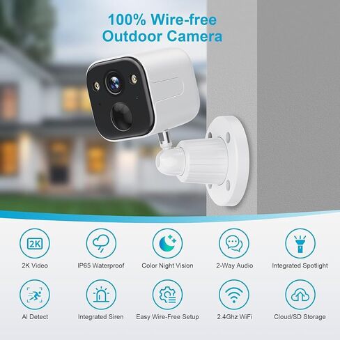 Wireless Outdoor Security Camera, Battery Powered WiFi Camera with 2K Color Night Vision, AI Motion Detection, 2-Way Audio, Spotlight, Siren, IP65 Waterproof, Cloud/SD Storage in Kuwait