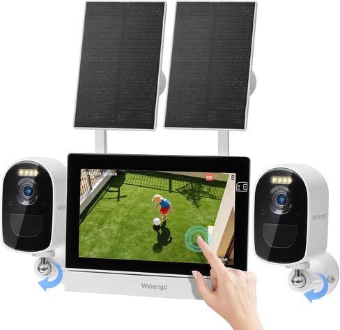 Solar Wireless Security Camera System, 4MP Battery Powered 2-Camera Kit with 7" Touchscreen Monitor, Motion Detection Auto Full-Screen Zoom, Color Night Vision, Compatible with Alexa in Kuwait