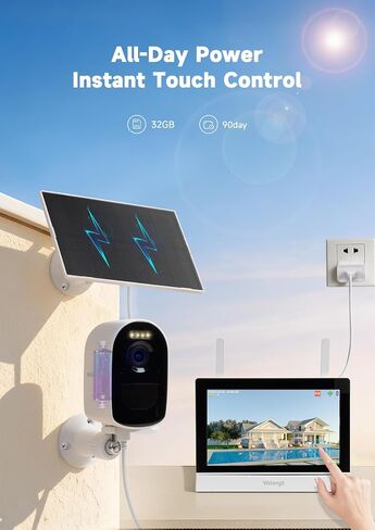 Solar Wireless Security Camera System, 4MP Battery Powered 2-Camera Kit with 7" Touchscreen Monitor, Motion Detection Auto Full-Screen Zoom, Color Night Vision, Compatible with Alexa in Kuwait