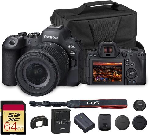 Canon EOS R6 Mark II Mirrorless Camera with 24-105mm Lens (5666C011) Bundle | For Photography & Video | 24.2MP Full-Frame Mirrorless Camera | Dual Pixel CMOS AF II + 64GB Memory Card + Camera Bag in Kuwait