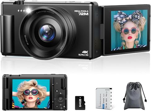 4K Digital Cameras for Photography, Compact Vlogging Camera with Flip Screen, 18X Digital Zoom YouTube Camera, Ideal for Bignners Boys Girls Black in Kuwait