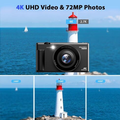 4K Digital Cameras for Photography, Compact Vlogging Camera with Flip Screen, 18X Digital Zoom YouTube Camera, Ideal for Bignners Boys Girls Black in Kuwait