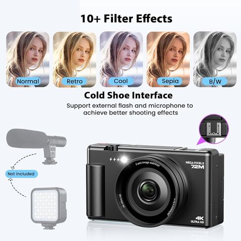 4K Digital Cameras for Photography, Compact Vlogging Camera with Flip Screen, 18X Digital Zoom YouTube Camera, Ideal for Bignners Boys Girls Black in Kuwait