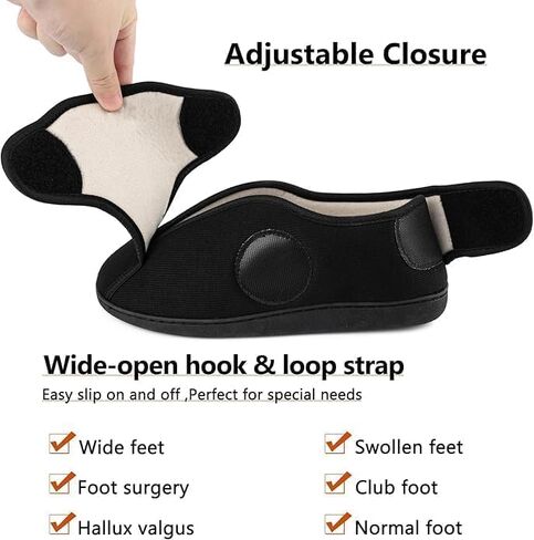 TIESTRA Women's Wide Diabetic Slippers Adjustable Hook and Loop Memory Foam Arthritis Edema Swollen Feet House Shoes Comfortable Breathable Indoor/Outdoor Slip On Slippers Black EU39/US8 in Kuwait