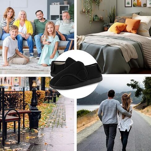 TIESTRA Women's Wide Diabetic Slippers Adjustable Hook and Loop Memory Foam Arthritis Edema Swollen Feet House Shoes Comfortable Breathable Indoor/Outdoor Slip On Slippers Black EU39/US8 in Kuwait