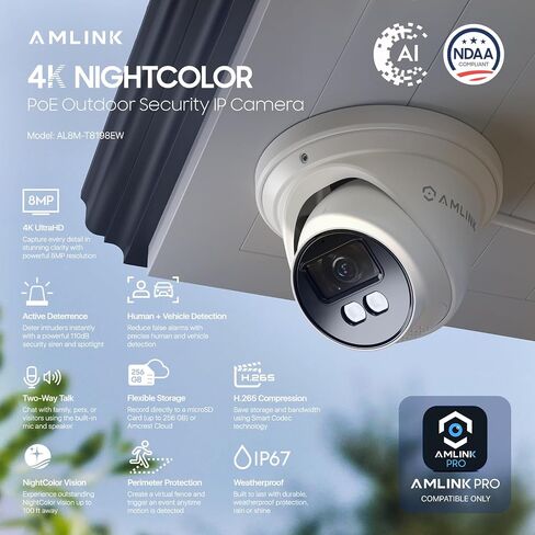 AMLINK 4K POE Camera, 8MP Outdoor Turret Security IP Camera, 100ft Color Nightvision, AI Human/Vehicle Detect, Built-in Mic Speaker, MicroSD Recording (256GB), 105° FOV, 4K@20FPS AL8M-T8198EW in Kuwait