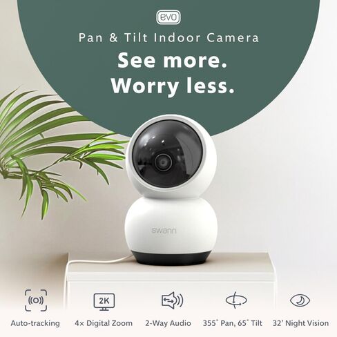 Swann EVO 2K Pan-Tilt Indoor Wi-Fi Security Camera: 2K HD video, plug-in, auto tracking, sound/motion/pet/person detection, live view, night vision, 2-way talk/siren, baby monitor, local/cloud storage | Auto tracking with 355° pan and 65° tilt, 32 ft nigh in Kuwait