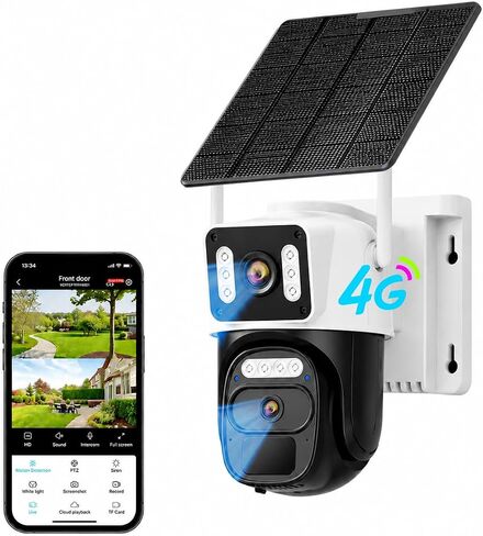 HAWKRAY 4G LTE Outdoor Solar-Powered Cellular Security Camera (Built-in SIM Card, Data Plan Required; No Wi-Fi), Dual Lens, 355° PTZ, Color Night Vision, PIR Motion Detection, Two-Way Audio in Kuwait