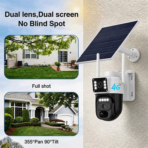 HAWKRAY 4G LTE Outdoor Solar-Powered Cellular Security Camera (Built-in SIM Card, Data Plan Required; No Wi-Fi), Dual Lens, 355° PTZ, Color Night Vision, PIR Motion Detection, Two-Way Audio in Kuwait
