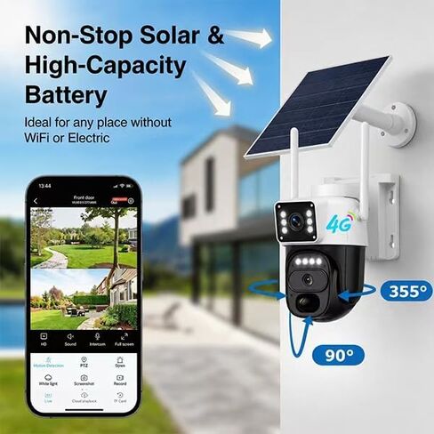 HAWKRAY 4G LTE Outdoor Solar-Powered Cellular Security Camera (Built-in SIM Card, Data Plan Required; No Wi-Fi), Dual Lens, 355° PTZ, Color Night Vision, PIR Motion Detection, Two-Way Audio in Kuwait