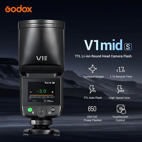 Godox V1 Mid S TTL Round Head Camera Flash Speedlight | Li-ion Battery, 650 Full-Power, HSS 1/80000s, Flexible Modeling Lamp, 1.7s Recycle, 5300K±200K, For Sony in Kuwait