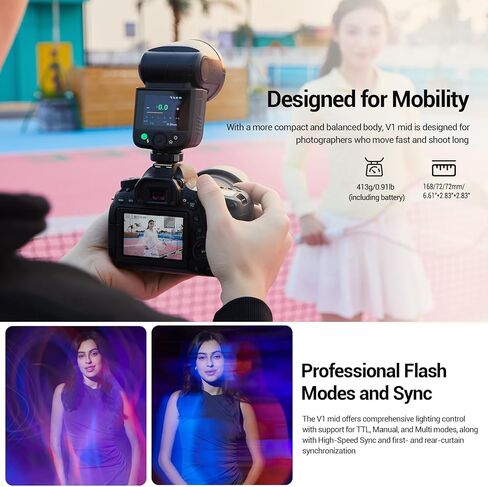 Godox V1 Mid S TTL Round Head Camera Flash Speedlight | Li-ion Battery, 650 Full-Power, HSS 1/80000s, Flexible Modeling Lamp, 1.7s Recycle, 5300K±200K, For Sony in Kuwait