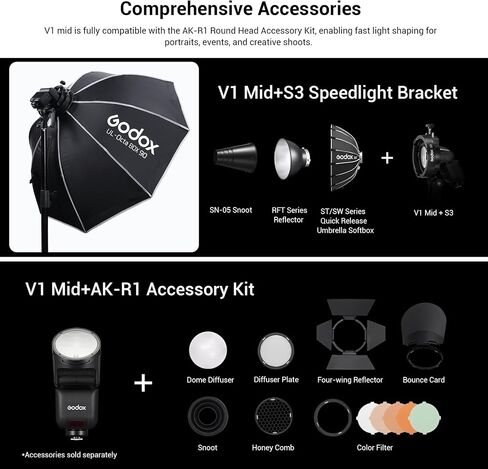 Godox V1 Mid S TTL Round Head Camera Flash Speedlight | Li-ion Battery, 650 Full-Power, HSS 1/80000s, Flexible Modeling Lamp, 1.7s Recycle, 5300K±200K, For Sony in Kuwait