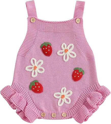 Newborn Baby Girl Romper Knit Sweater Cute Flower Strawberry Clothes Summer Sleeveless Square Neck Infant Outfit in Kuwait