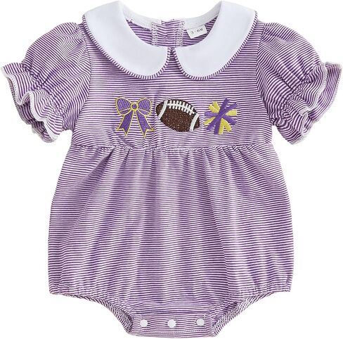 Newborn Baby Girl Clothes Football Embroidery Striped Puff Short Sleeve Jumpsuit Rugby Smocked Bubble Outfit in Saudi Arabia