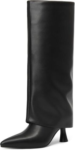 AIUNIIND Women's Fold Over Knee High Boots, Kitten Heel Pointed Toe Pull On | 2.7 inch Low Heel, Comfortable Tall Boots, PU Faux Leather, for Fall, Winter, Going out, Dress, Festival in Saudi Arabia