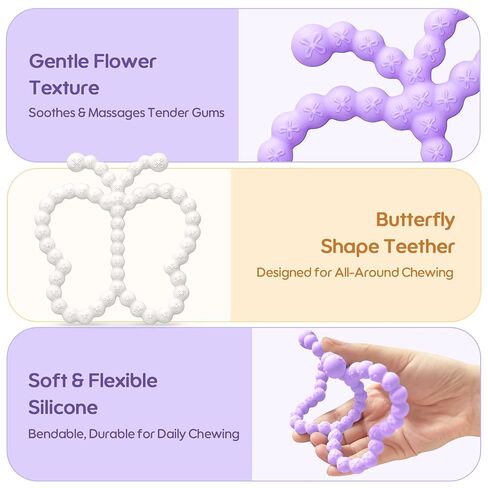 2 Pack Baby Teether Toys for 0-6 6-12 Month, Butterfly Teething Ring Toys | BPA-Free Silicone, Multi Texture for Gum Massage, Baby Chew Toys for Teething Relief 3-6 Month, Baby Shower Gifts in Kuwait