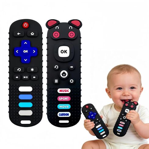 2Pcs Baby Teething Toys, BPA-Free Food Grade Silicone Baby Remote Control Teething Toy for 3-18 Months, Teething Relief Baby Toys, Teething Relief Newborn TV Remote Shaped Toy (Balck&Pig Black) in Kuwait