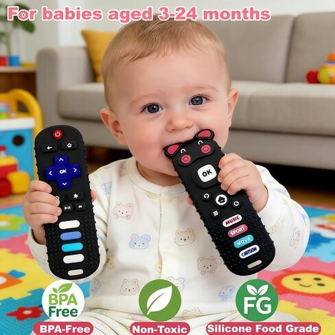 2Pcs Baby Teething Toys, BPA-Free Food Grade Silicone Baby Remote Control Teething Toy for 3-18 Months, Teething Relief Baby Toys, Teething Relief Newborn TV Remote Shaped Toy (Balck&Pig Black) in Kuwait