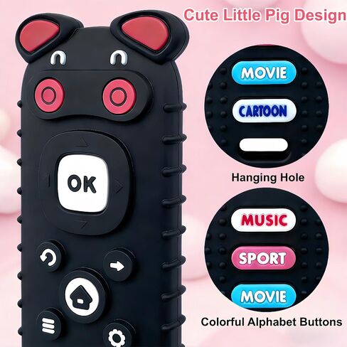 2Pcs Baby Teething Toys, BPA-Free Food Grade Silicone Baby Remote Control Teething Toy for 3-18 Months, Teething Relief Baby Toys, Teething Relief Newborn TV Remote Shaped Toy (Balck&Pig Black) in Kuwait
