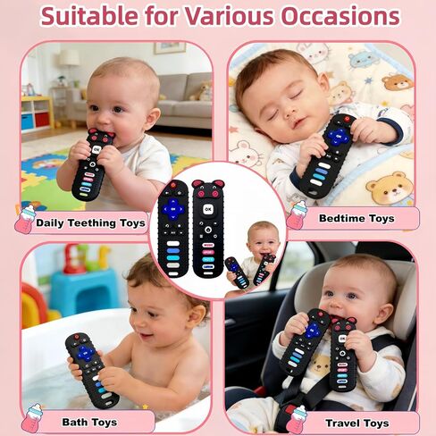 2Pcs Baby Teething Toys, BPA-Free Food Grade Silicone Baby Remote Control Teething Toy for 3-18 Months, Teething Relief Baby Toys, Teething Relief Newborn TV Remote Shaped Toy (Balck&Pig Black) in Kuwait