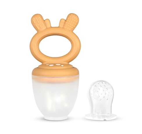 RaZbaby Baby Solids & Frozen Fruit Feeder Pacifier, Infant Teether Toy 6M+, BPA-Free Silicone Pouch & Nipple, Safely Introduce Solids, Natural Teething Relief, Dishwasher Safe, Freezable – Deer in Kuwait