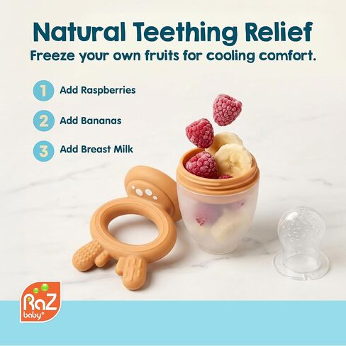 RaZbaby Baby Solids & Frozen Fruit Feeder Pacifier, Infant Teether Toy 6M+, BPA-Free Silicone Pouch & Nipple, Safely Introduce Solids, Natural Teething Relief, Dishwasher Safe, Freezable – Deer in Kuwait