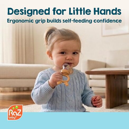 RaZbaby Baby Solids & Frozen Fruit Feeder Pacifier, Infant Teether Toy 6M+, BPA-Free Silicone Pouch & Nipple, Safely Introduce Solids, Natural Teething Relief, Dishwasher Safe, Freezable – Deer in Kuwait