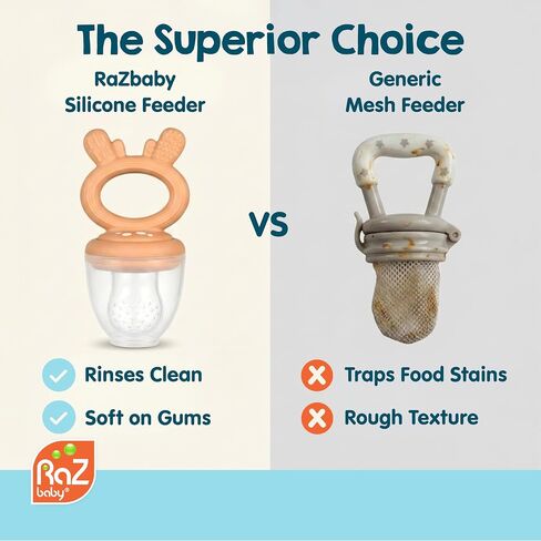 RaZbaby Baby Solids & Frozen Fruit Feeder Pacifier, Infant Teether Toy 6M+, BPA-Free Silicone Pouch & Nipple, Safely Introduce Solids, Natural Teething Relief, Dishwasher Safe, Freezable – Deer in Kuwait
