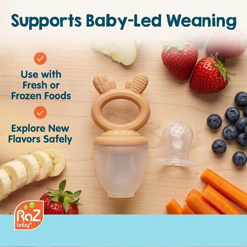 RaZbaby Baby Solids & Frozen Fruit Feeder Pacifier, Infant Teether Toy 6M+, BPA-Free Silicone Pouch & Nipple, Safely Introduce Solids, Natural Teething Relief, Dishwasher Safe, Freezable – Deer in Kuwait