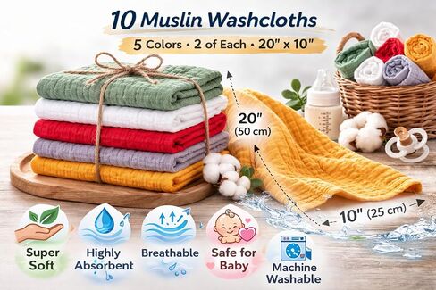 Muslin Burp Cloths for Baby, 10 Pack (2 of Each Color), 6 Layer Cotton Burp Cloths, Super Absorbent and Soft,Baby Burping Cloths for Boys and Girls, 100% Cotton, 10x20 Inches in Kuwait